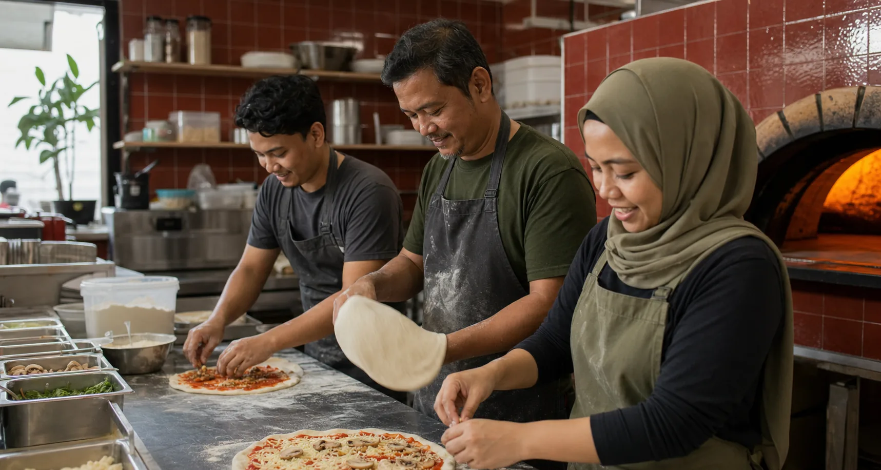 A Malaysian family team preparing pizza together in a warm kitchen